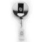 A metal badge reel with a retractable cord and strap