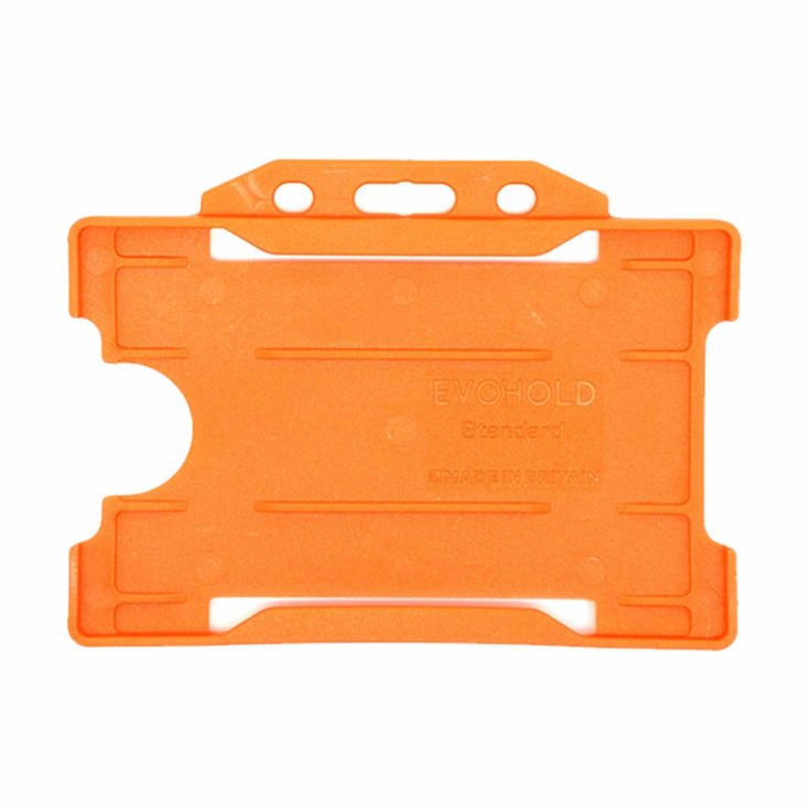 An image of a dual sided orange Evohold badge holder that holds 2 cards