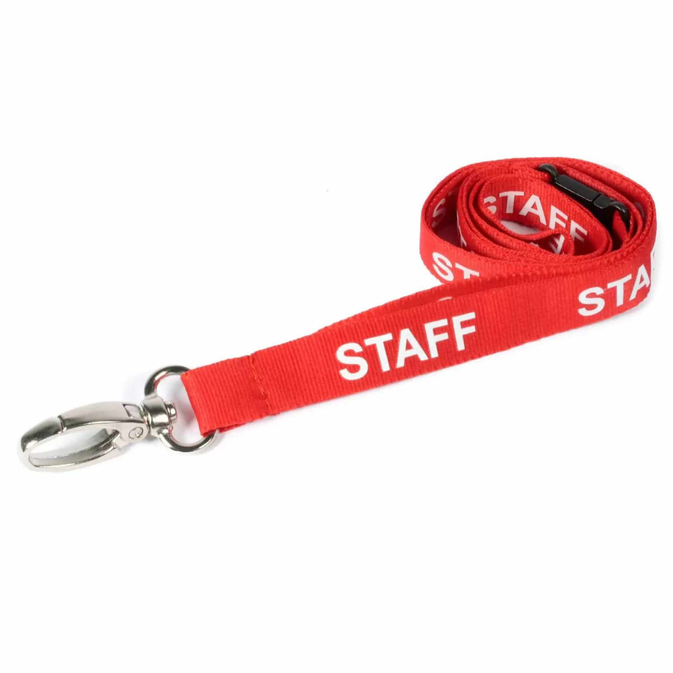 An image of a red lanyard with a metal clip that is printed with the wording Staff