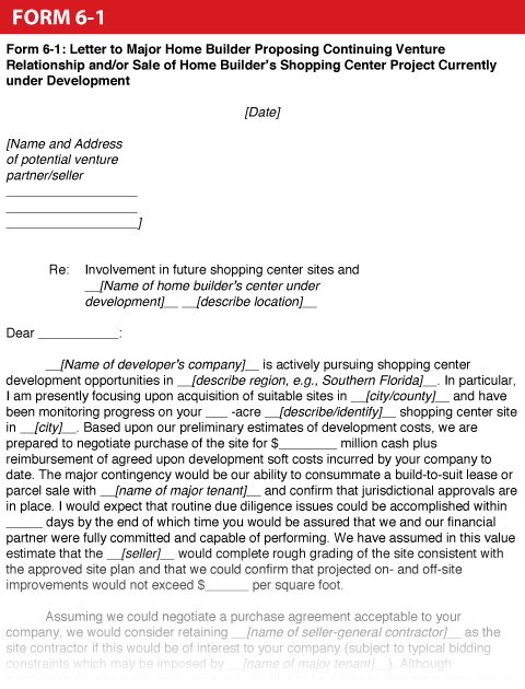 Form 6-1: Letter to Major Home Builder Proposing Continuing Venture Relationship