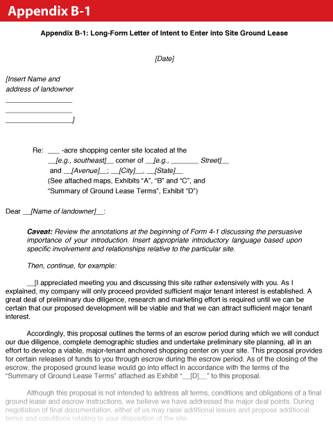 Appendix B-1: Long-Form Letter of Intent to Enter into Site Ground Lease