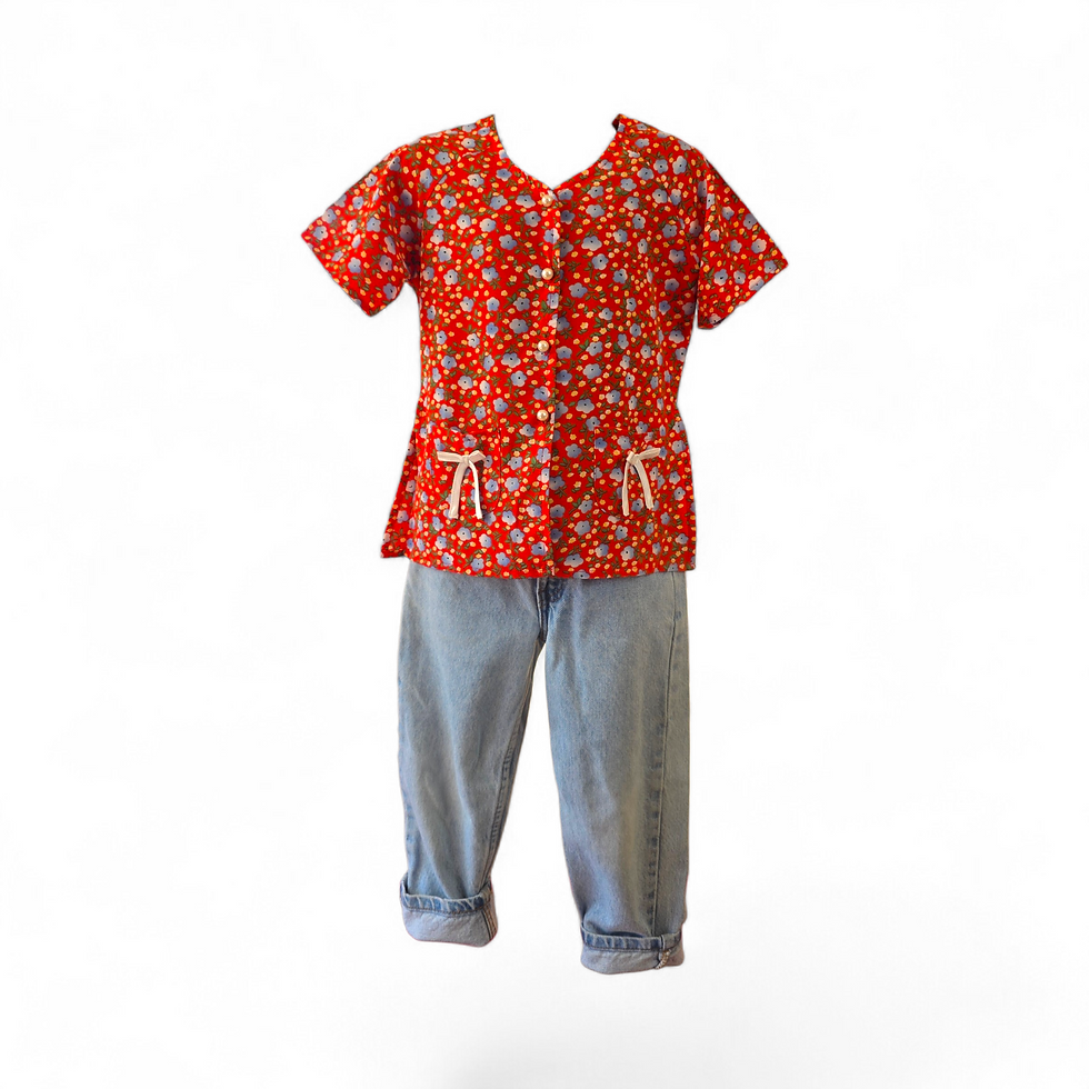 Thumbnail: Red floral pearl-button detail top