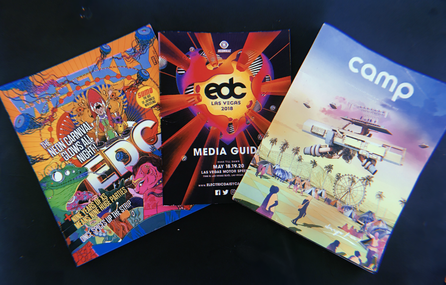 Vibrant colorful flat lay photo of music festival magazine souvenirs