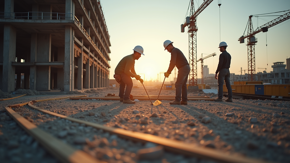 Eye-level view of a construction site with workers collaborating