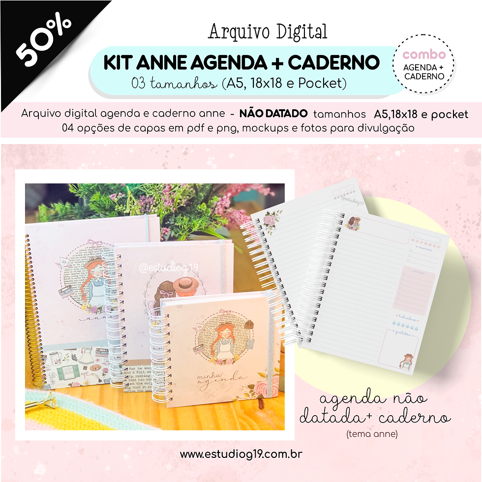 Kit Anne - Caderno + Agenda não datada 03 tamanhos