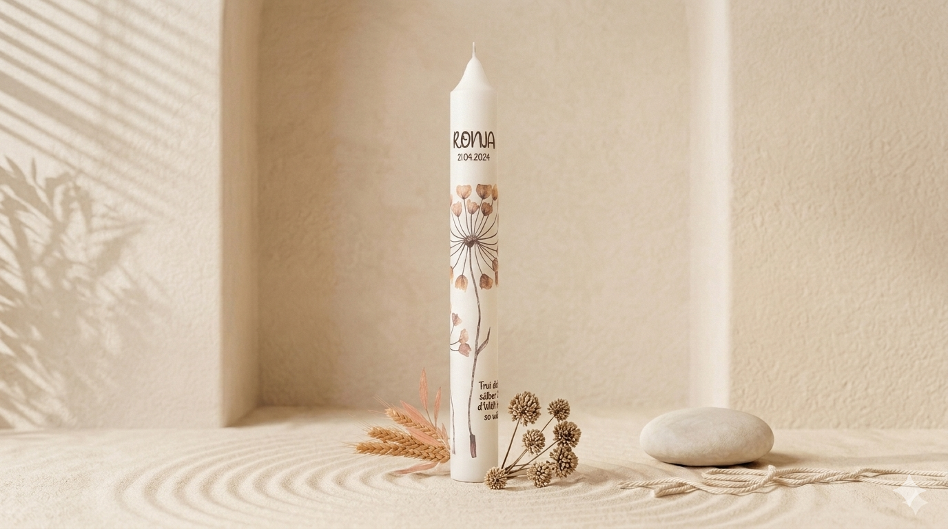 Personalisierte Taufkerze und Geburtskerze mit zartem Pusteblumen-Design und individueller Beschriftung von oano.ch