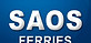 The image displays the words "SAOS FERRIES" in white, 3D-style font, set against a dark blue, gradient background.  At the bottom, a yellow, stylized "W" shape logo adds a design element.