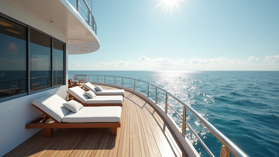 High angle view of luxury yacht deck with sun loungers and sea view
