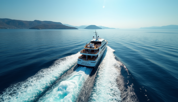 High angle view of a fast ferry speeding across the Aegean Sea near Kos Island