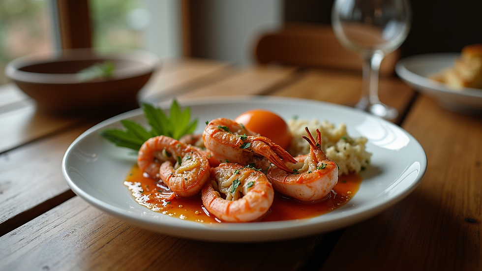 Close-up view of a traditional Greek seafood dish on a wooden table