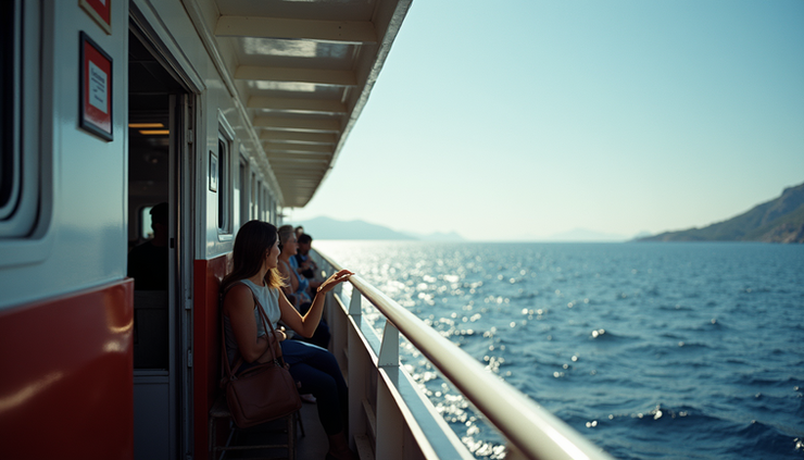 Eye-level view of passengers enjoying the sea view from the deck of a ferry between Bodrum and Kos