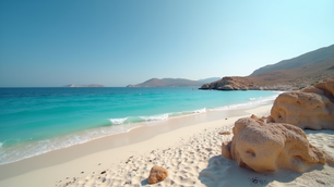 Turquoise waves gently hit a sandy beach lined with large rocks and distant mountains under a clear blue sky, creating a serene scene.