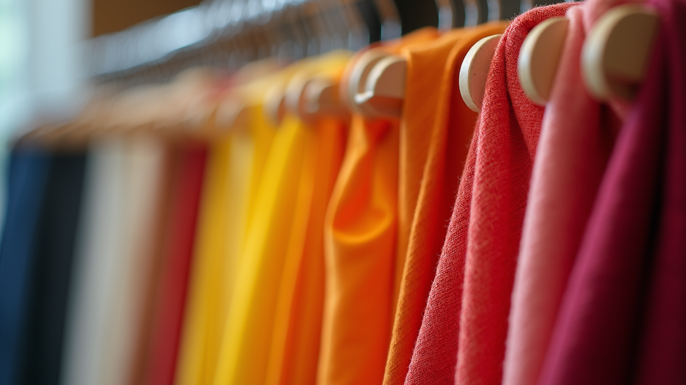 Eye-level view of a vibrant fabric swatch display