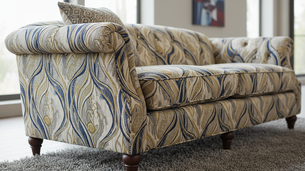 Close-up view of a beautifully upholstered sofa with designer fabric