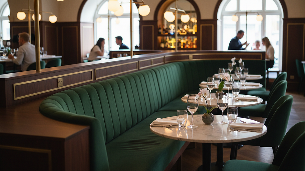 Eye-level view of a bespoke upholstered banquette seating in a restaurant