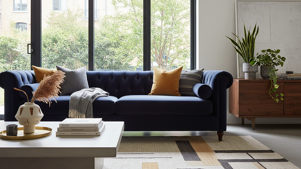 Eye-level view of a bespoke upholstered sofa in a modern living room