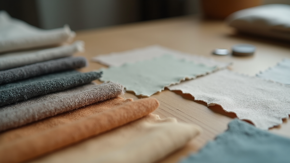 Eye-level view of fabric swatches arranged on a table