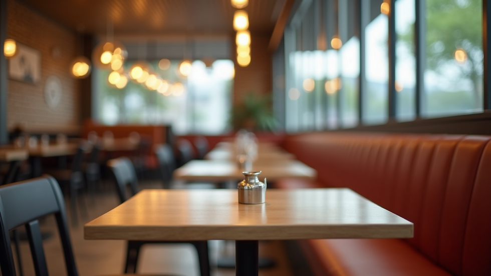 Eye-level view of modern restaurant seating with clean lines