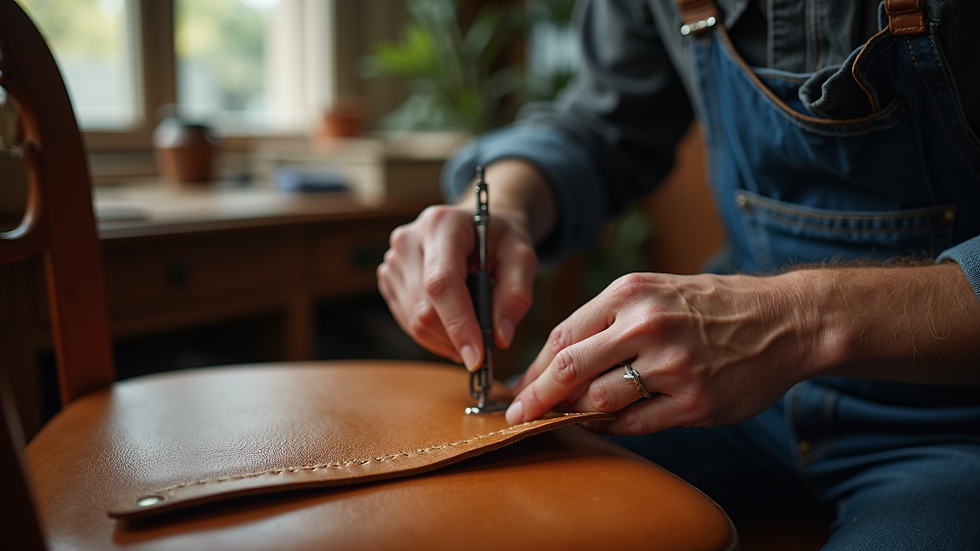 Eye-level view of a craftsman sewing leather upholstery on a chair