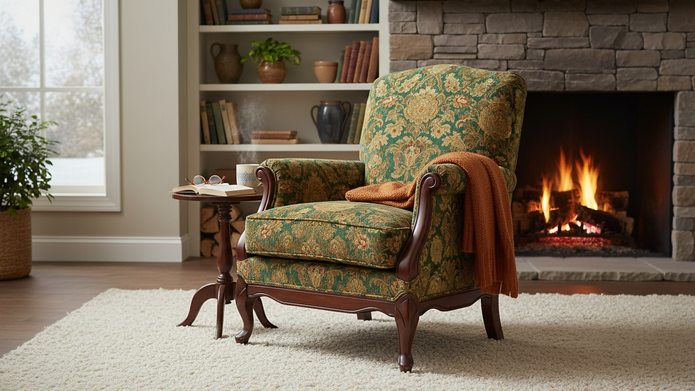 Eye-level view of a freshly reupholstered vintage armchair in a cozy living room
