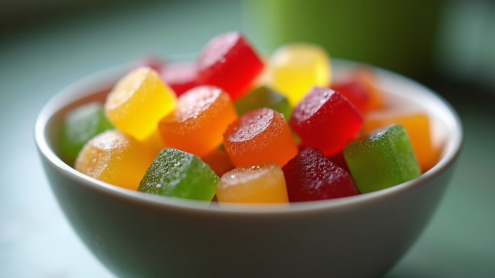 Close-up view of colorful CBD gummies in a bowl
