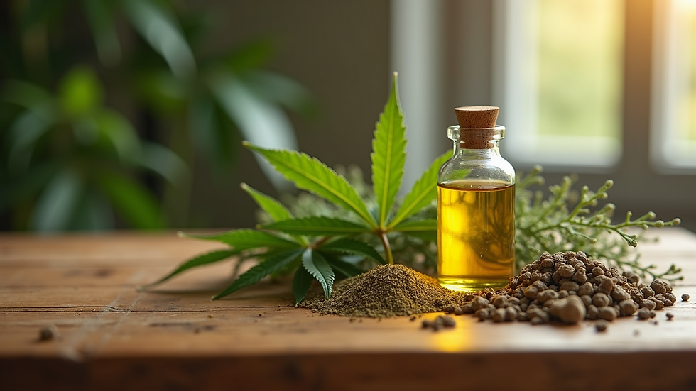 Close-up view of Ayurvedic herbs and CBD oil on a wooden table