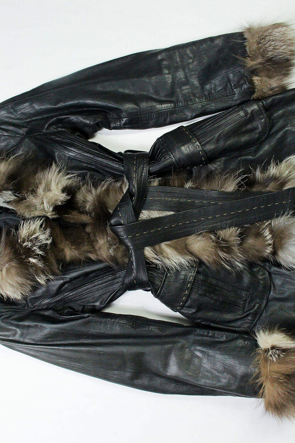 Thumbnail: BLACK LONG LEATHER AND FURRY FAUX JACKET WITH BELT