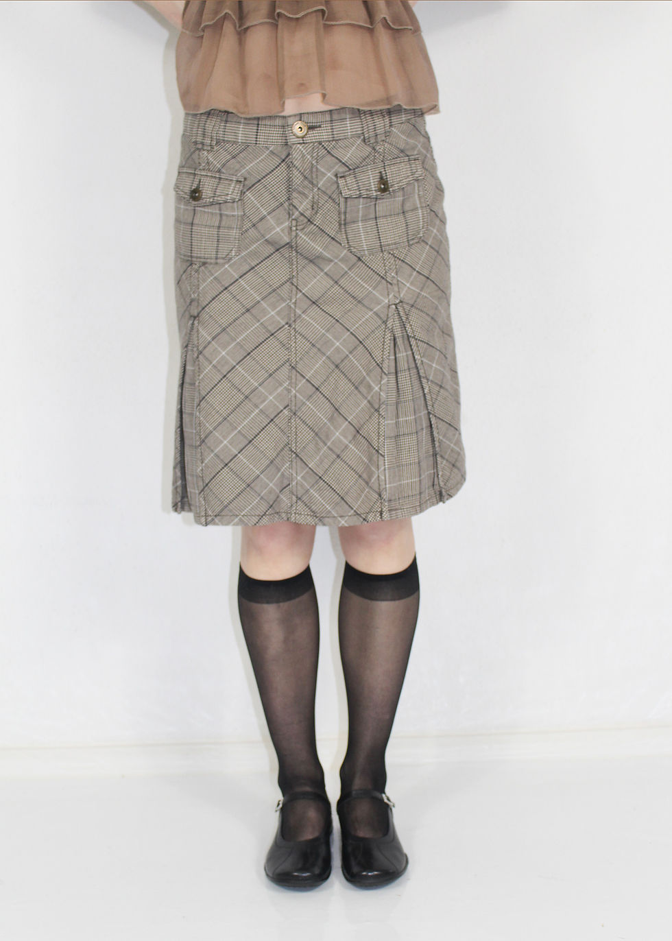 BROWN CHECKERED MIDI SKIRT Size S
