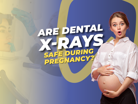Pregnant woman asking if dental X-rays are safe during pregnancy, with dental imaging shown in the background.