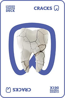 White playing card labeled 'Cracks' with mini icons in the upper right and left corners, text 'The Cursed Tooth Deck' on the left, and an upside-down repeat at the bottom. The center shows a cracked tooth over an Easy Dental icon background.