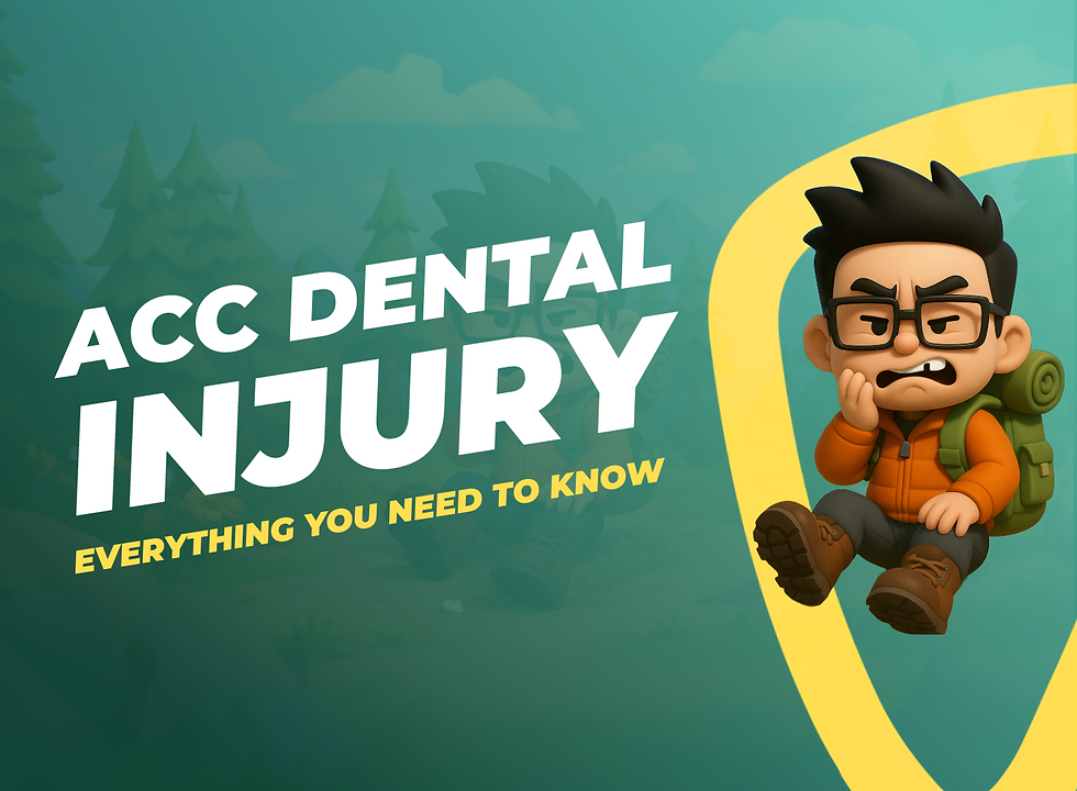 Blog cover reading “ACC Dental Injury: Everything You Need to Know,” featuring a cartoon hiker holding his jaw in pain, representing dental injuries and ACC dental injury claims in New Zealand.