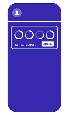 Mobile interface of the VAI app showing the vehicle details input screen, including user profile icon, circular loading indicators, and a field labeled 'Car Model and Make' with plate number 'ABC123'
