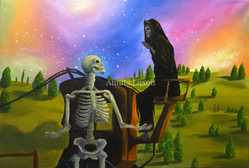 Cosmos oil painting fantasy gothic horror grim reaper skeleton on carriage 