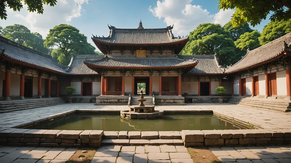 Eye-level view of a serene temple courtyard showcasing ancient architecture