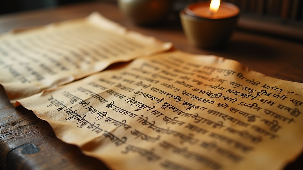 Close-up view of ancient Sanskrit manuscript on palm leaves
