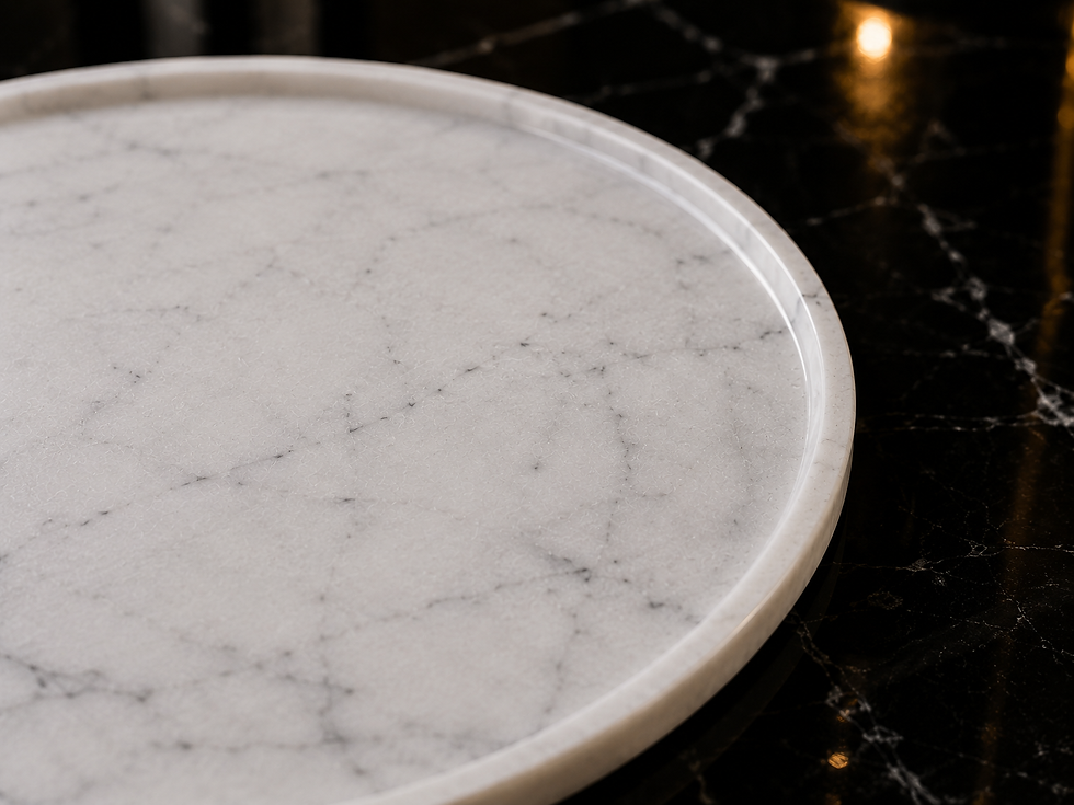Thumbnail: Round white marble effect decorative tray – close-up view