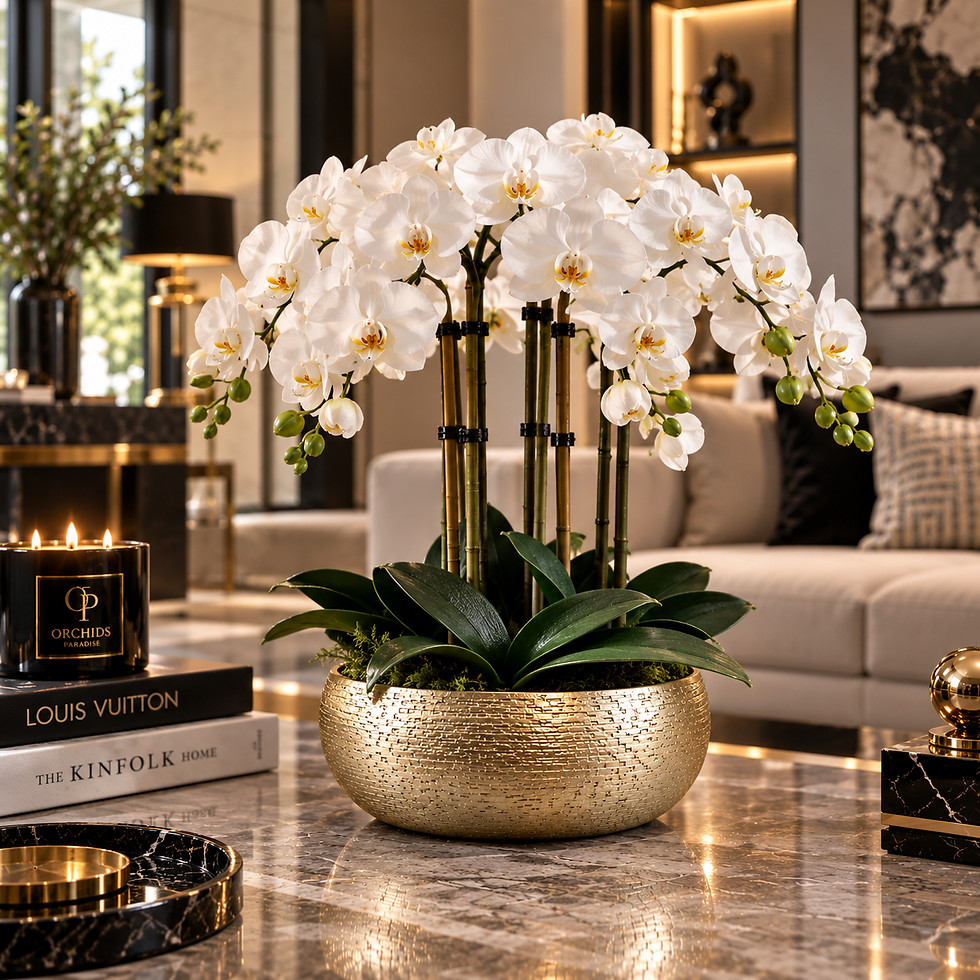 Thumbnail: Luxury White Artificial Orchid Arrangement – 8 Stems in Hammered Bowl | 24 cm