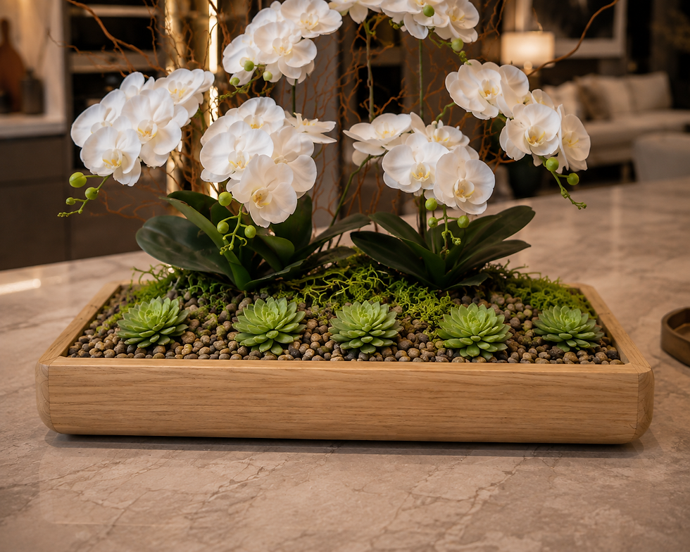 Thumbnail: Close-up of white Phalaenopsis orchids and moss in natural wood planter