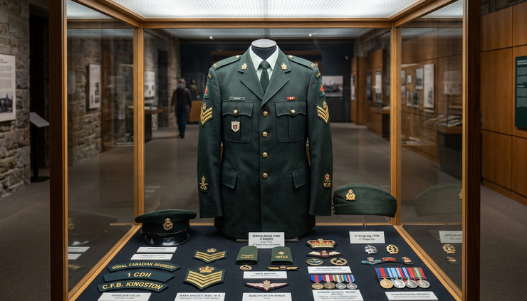 Wide-angle view of a museum display case with Canadian Forces badges and green uniform pieces.