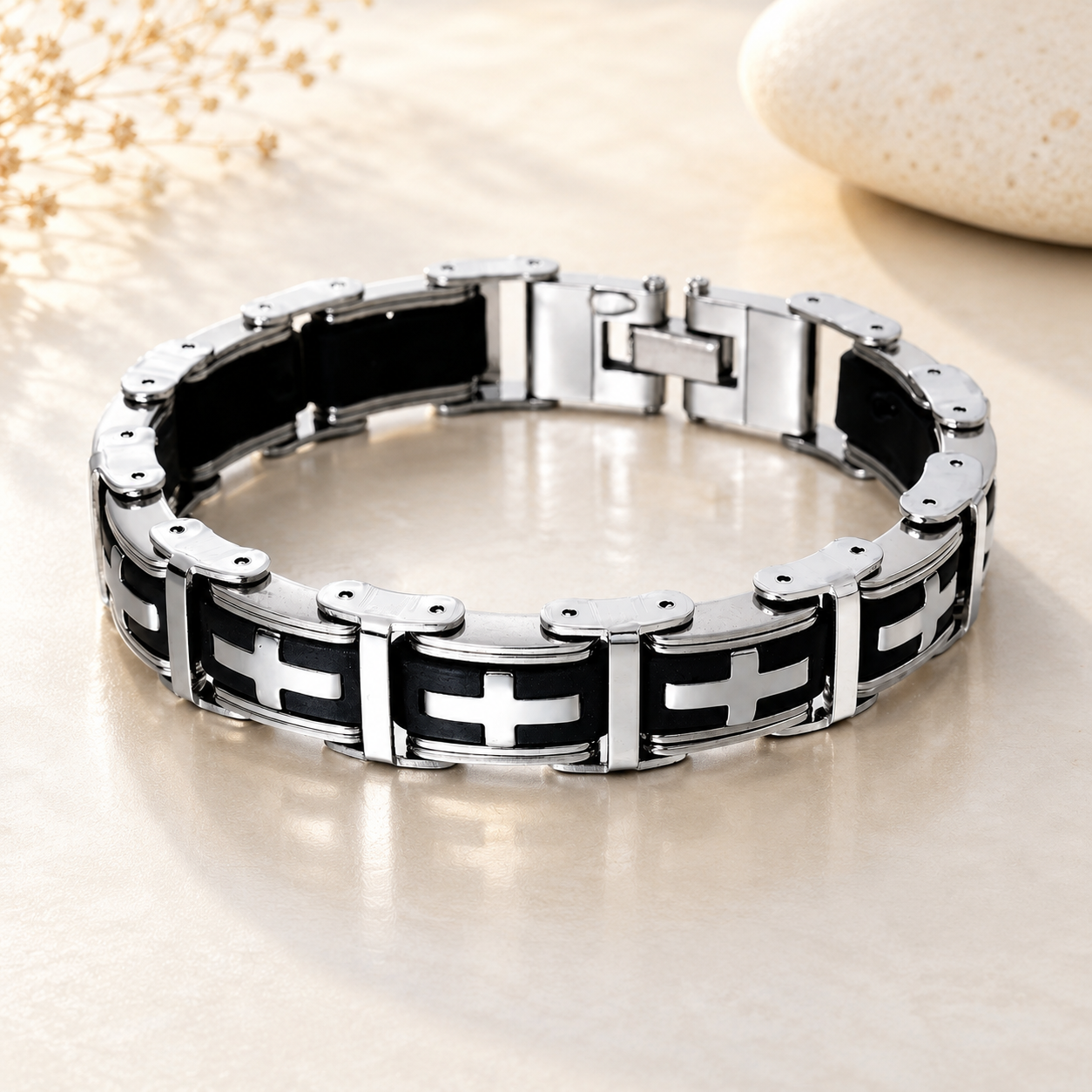 bracelet noir croix magnétique
