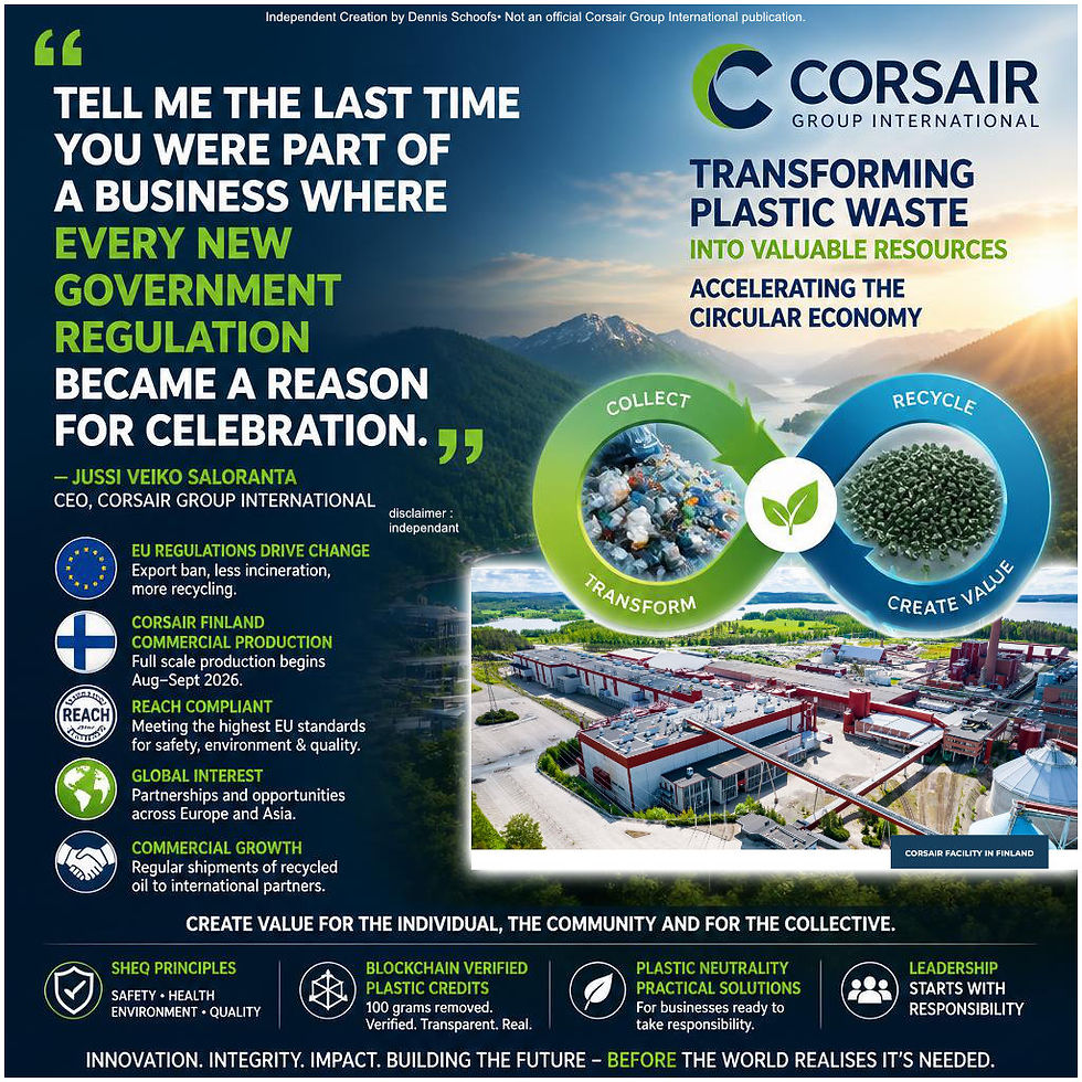 Corsair Group International poster on transforming plastic waste into resources, with circular arrows, Finnish plant, and bold slogans.