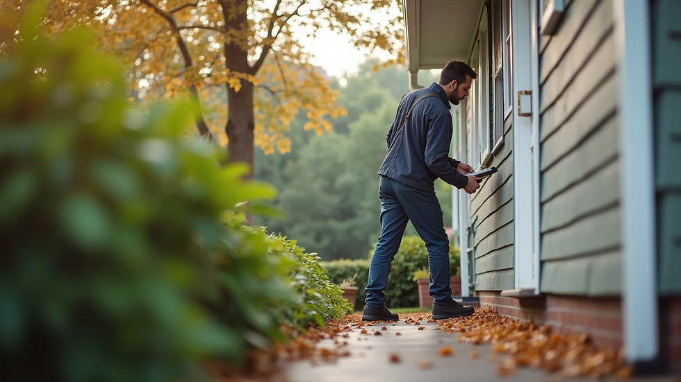 Eye-level view of a pest control technician inspecting a home exterior