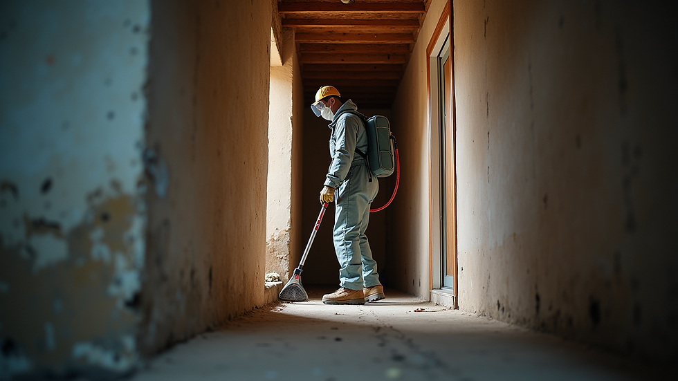 Eye-level view of a pest control technician inspecting a basement