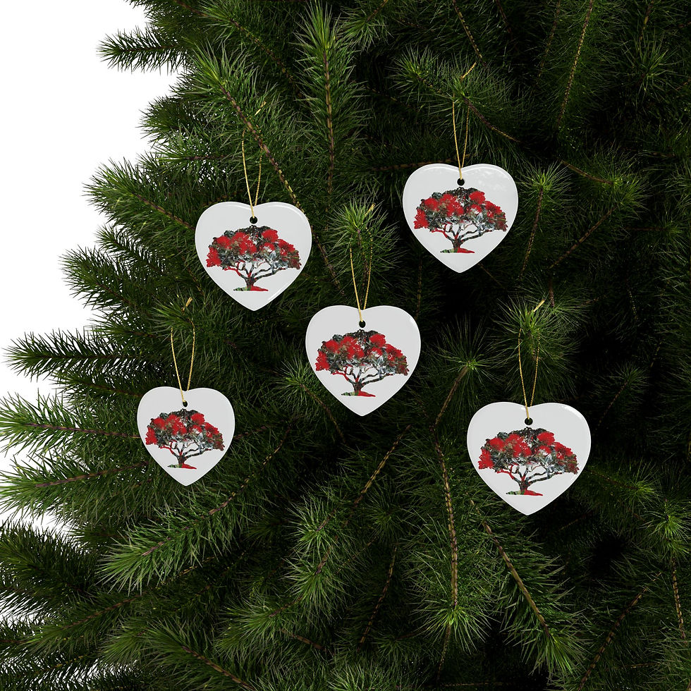 Thumbnail: eco-friendly ceramic hanging ornaments with a pohutukawa tree kiwi summer graphic by Nat-Ts