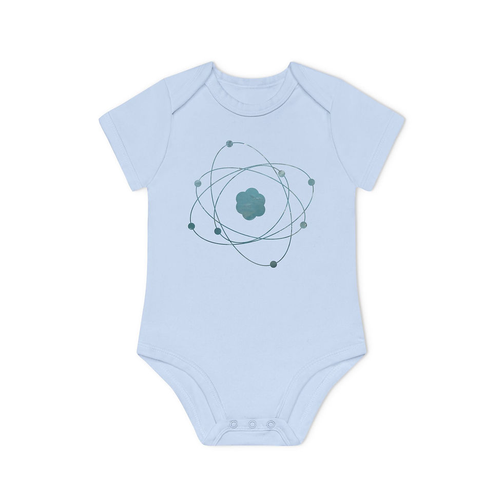 Thumbnail: organic cotton, super cute baby body suit with Atom particle science graphic designed by Nat-Ts