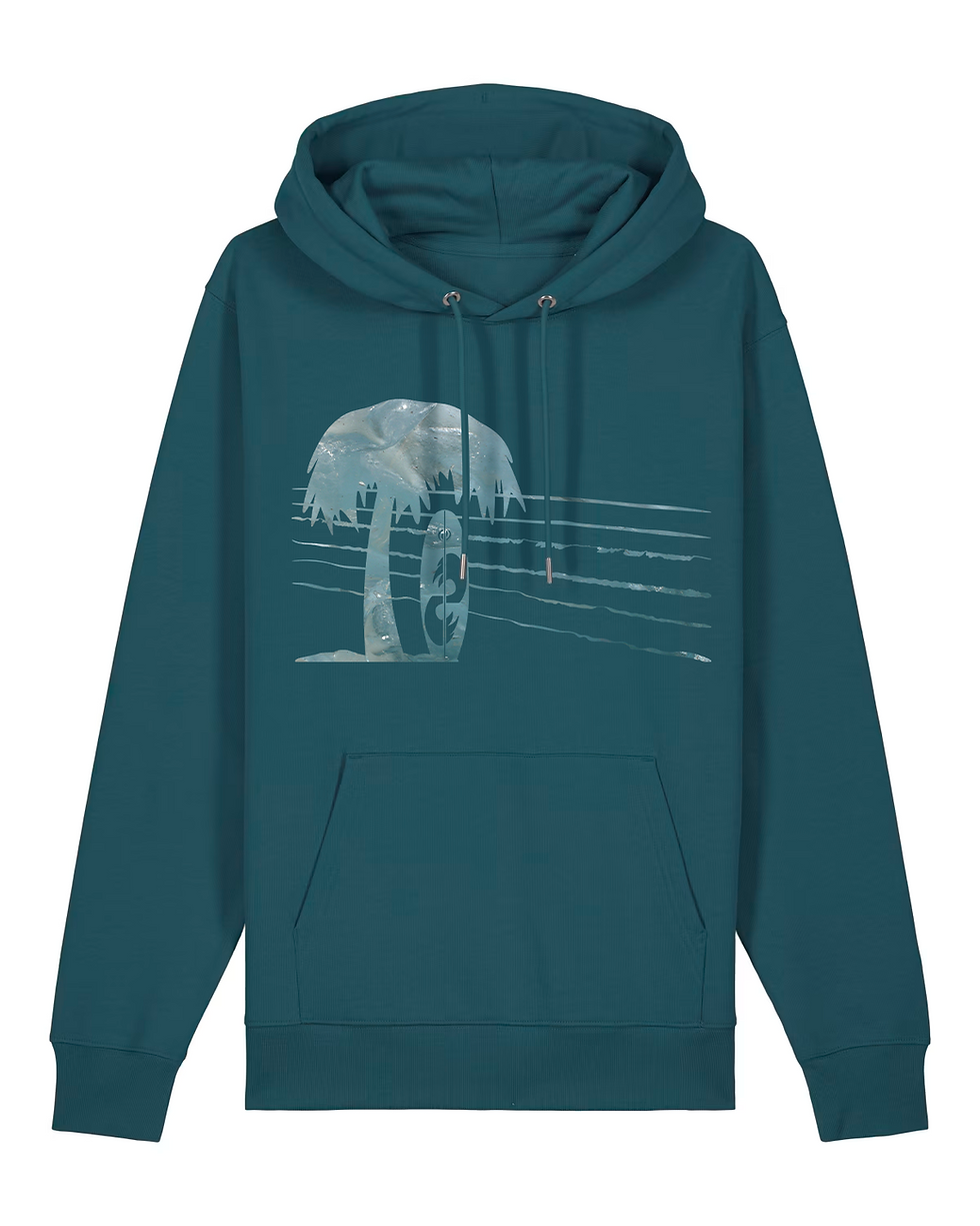 Thumbnail: Organic cotton adult hoodie with Surfboard & Palm Tree tropical summer graphic coloured by a photo of nature