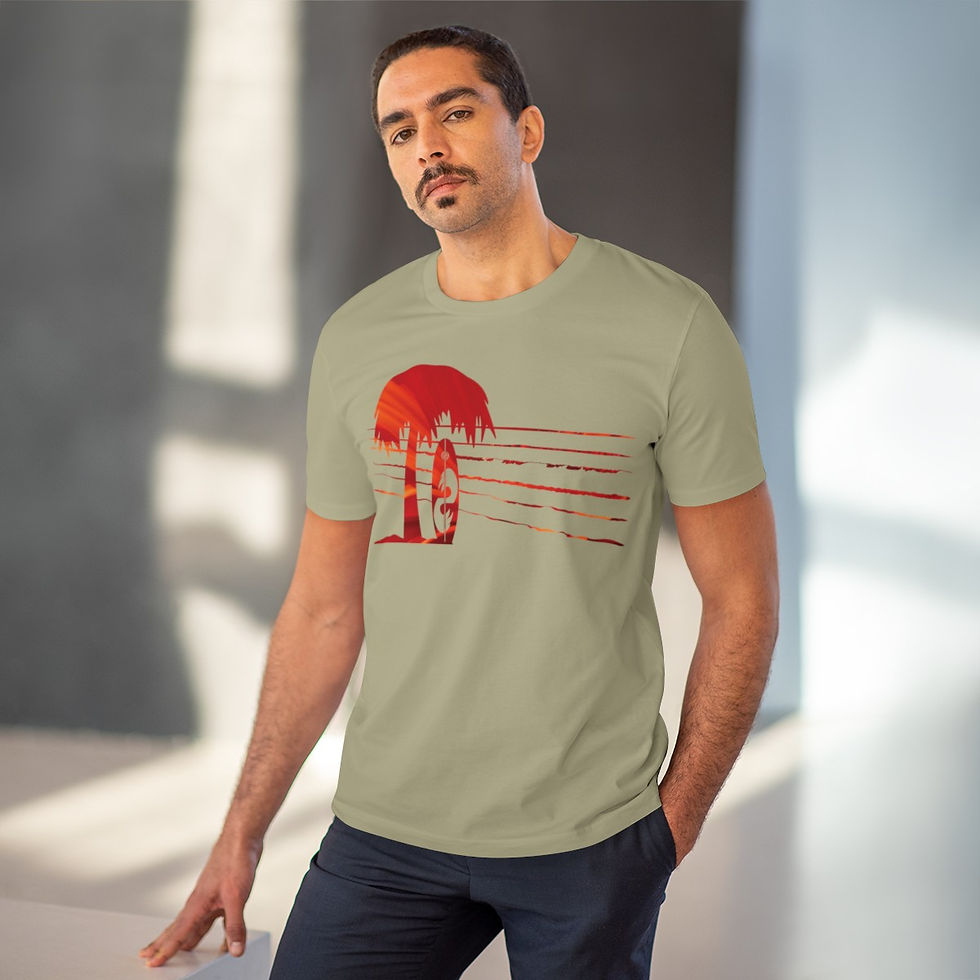 organic adult unisex t shirt with surfboard and palm tree design by Nat-Ts