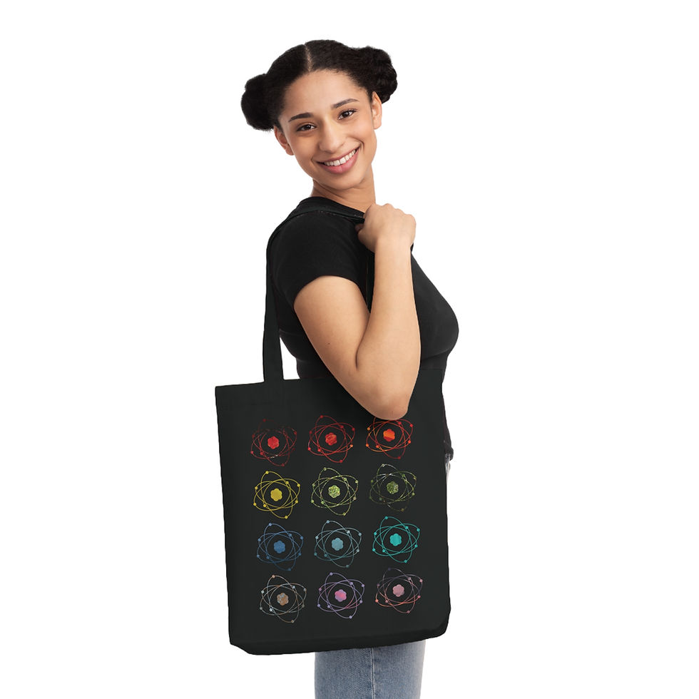 Thumbnail: eco friendly tote bag with atom particle science graphic by Nat-Ts