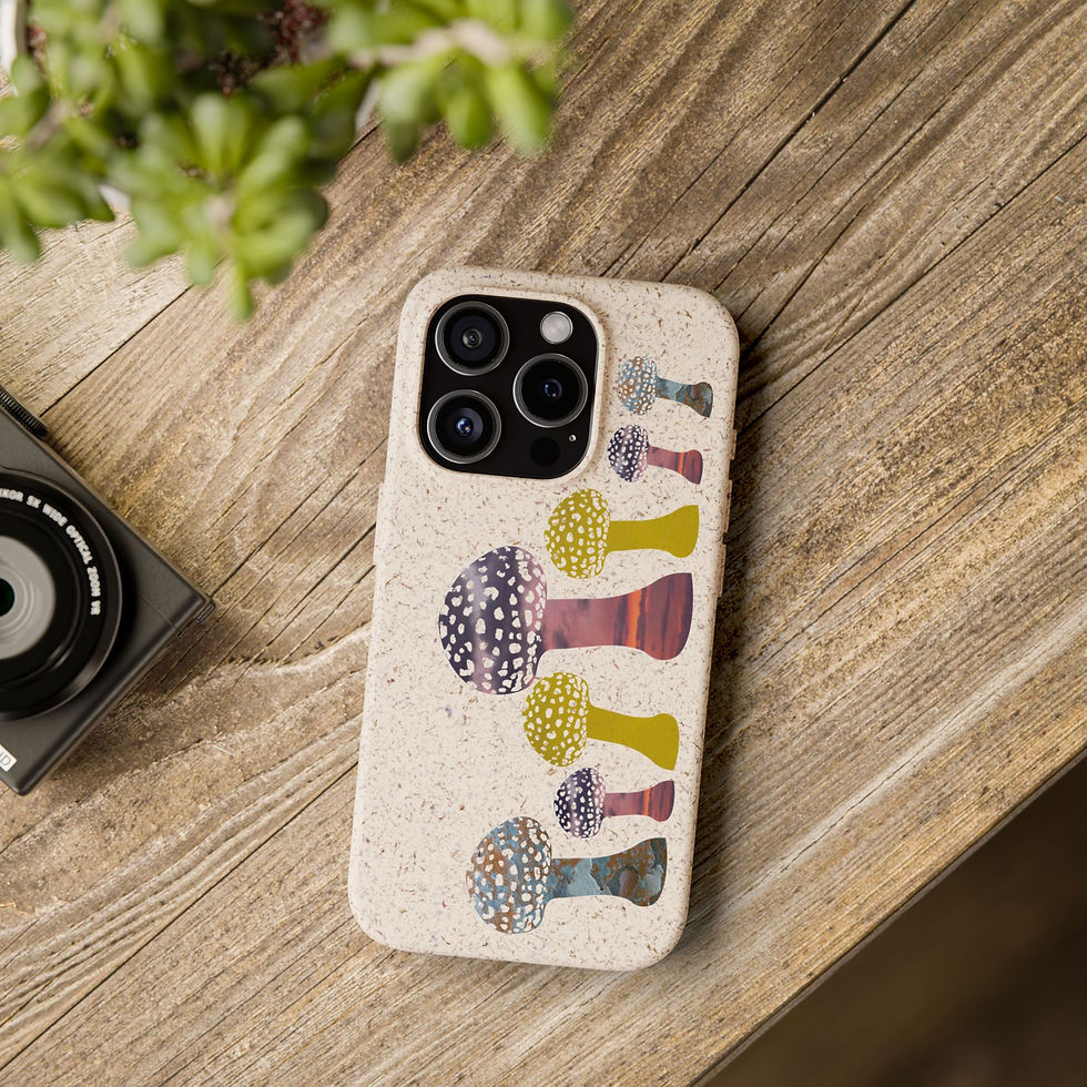 Thumbnail: biodegradable plastic-free phone case with vibrant toadstool graphics coloured by real photos of nature