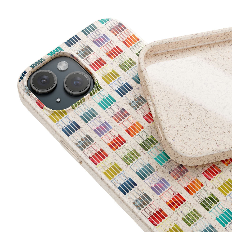 biodegradable plastic-free mobile phone case with unique test tubes graphic coloured by photos of nature